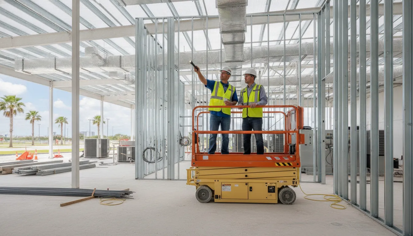 Building inspector and contractor reviewing commercial construction work in Escambia County Florida