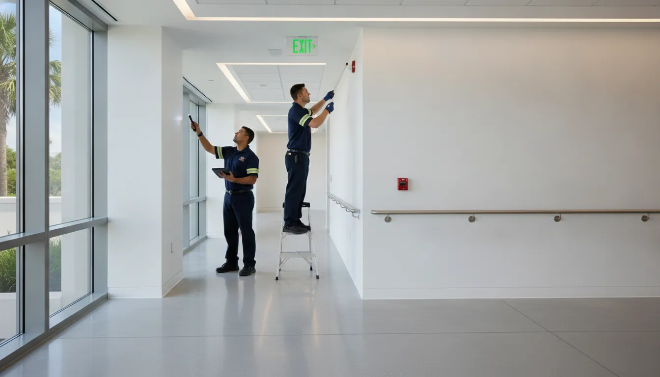 Inspector checking an exit route before a fire marshal inspection