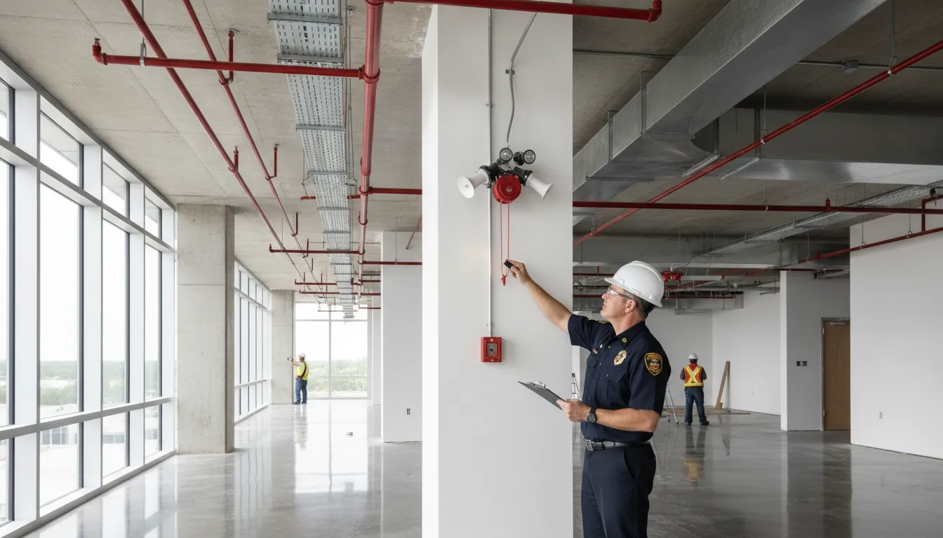 Fire marshal inspecting a commercial building's safety systems