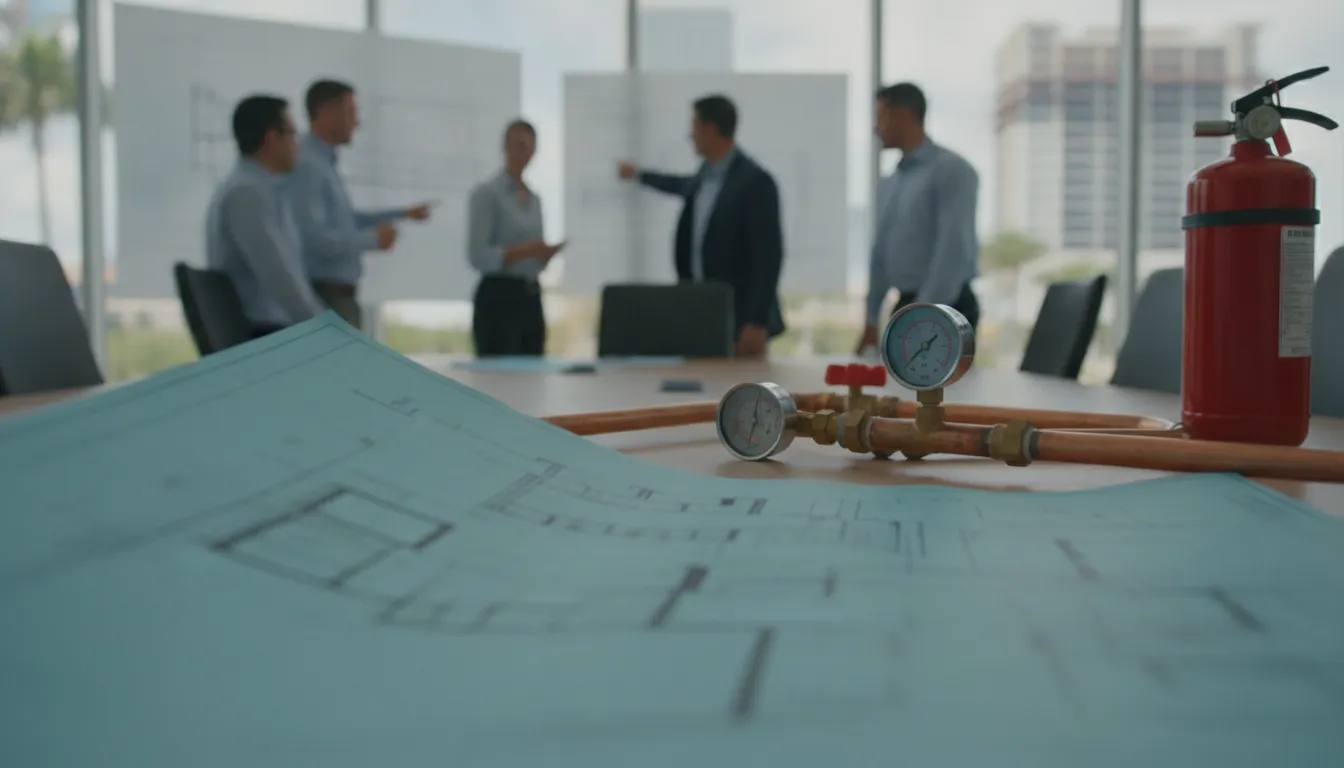 Commercial team reviewing plans for a Florida fire marshal permit