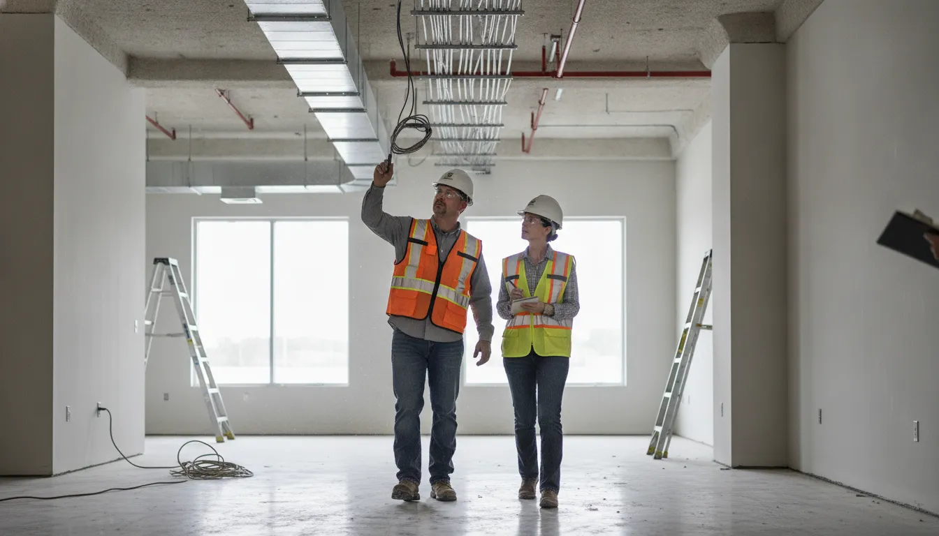 Commercial project team reviewing building systems before Flagler County inspections