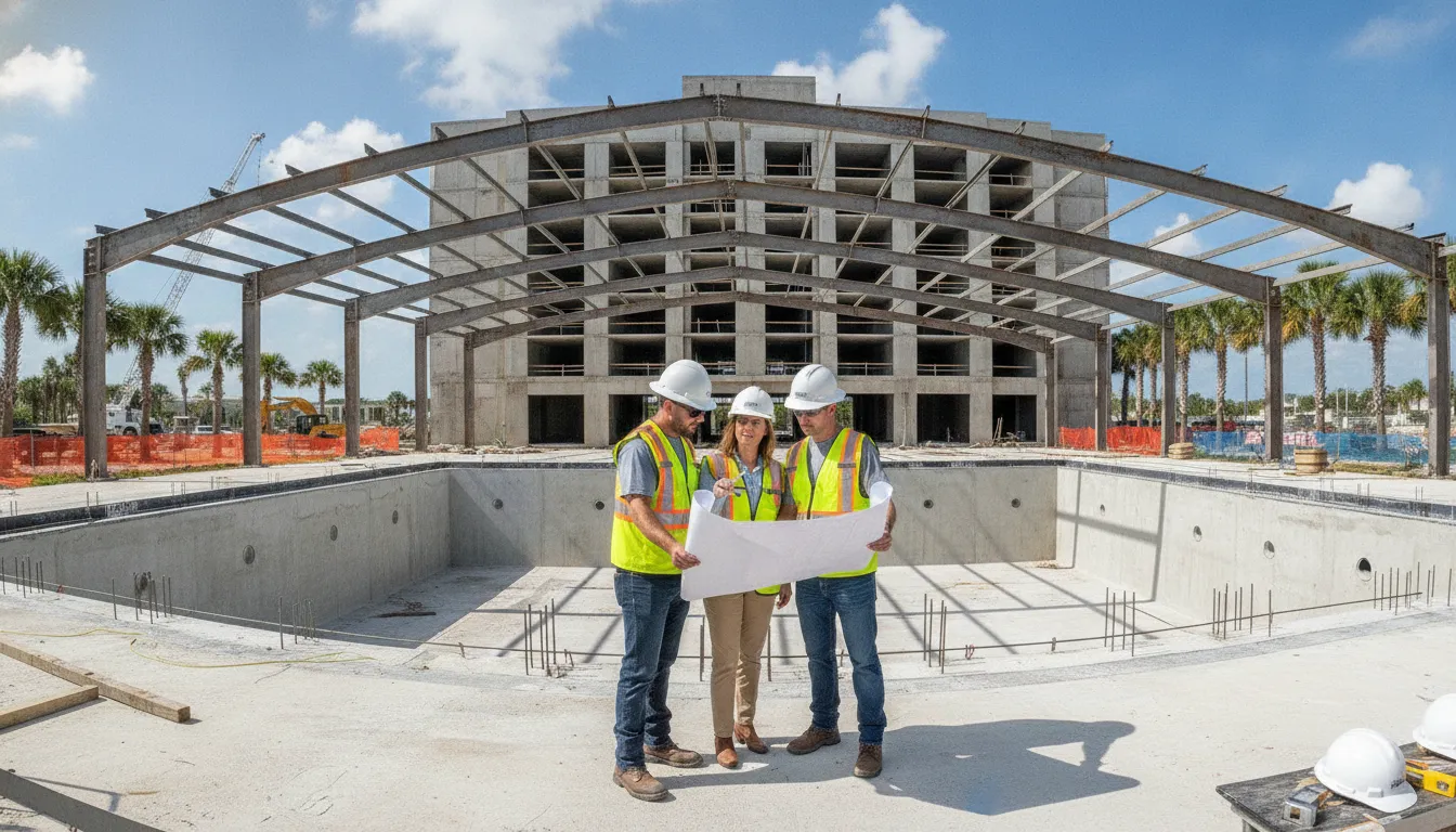 Construction team reviewing plans beside a steel-framed commercial pool at a Florida hotel project