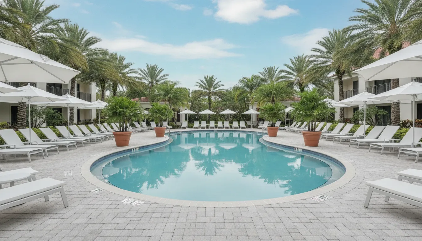 Finished hotel resort pool with an ADA pool lift at the deck edge and lounge chairs