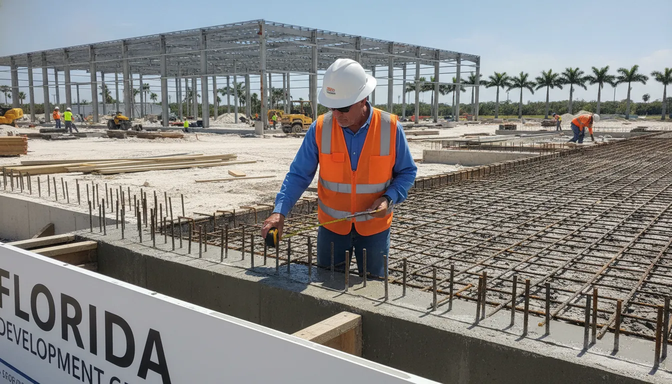 Construction inspector inspecting foundation rebar on a Florida building site