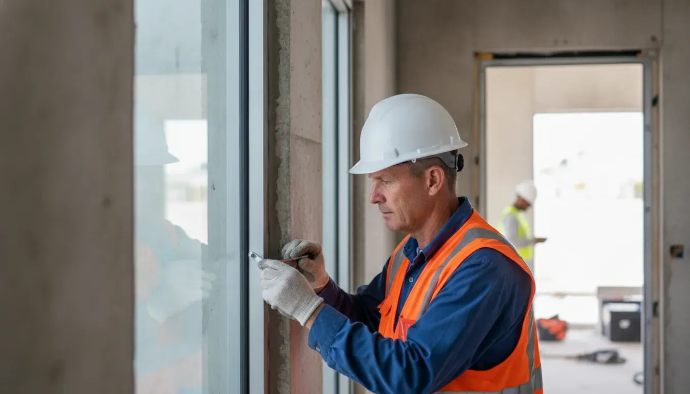 Building inspector examining hurricane impact window installation on a commercial construction site