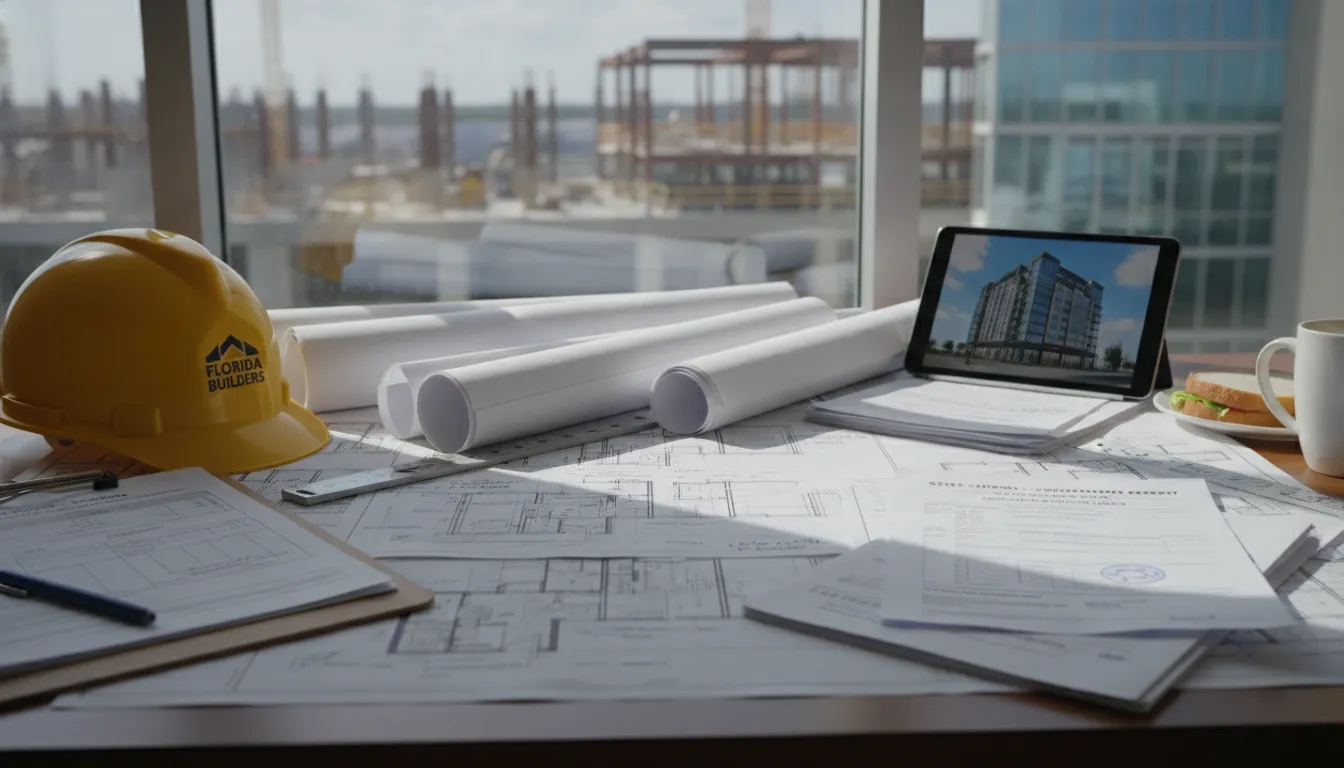Permit documents and building plans on a desk with hard hat at a Florida commercial construction site