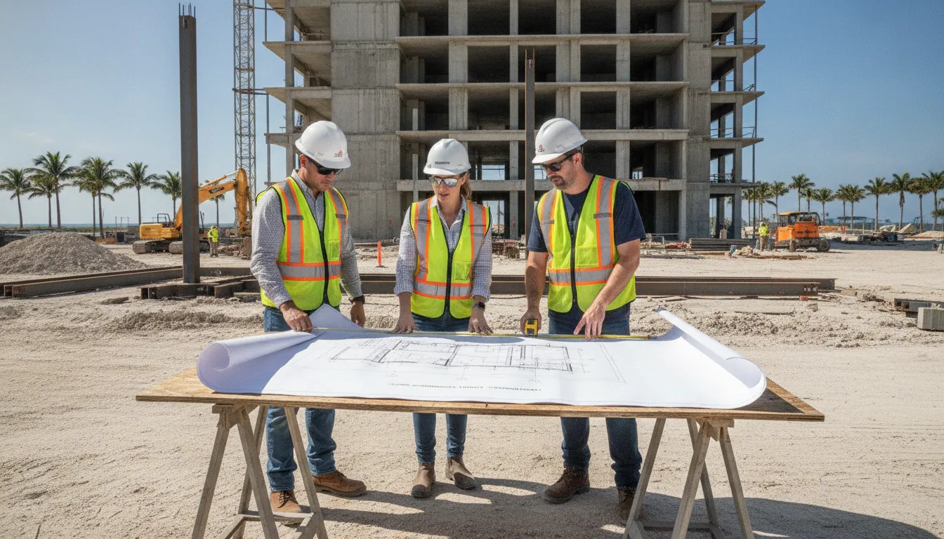 Florida commercial construction site with building inspectors reviewing structural plans
