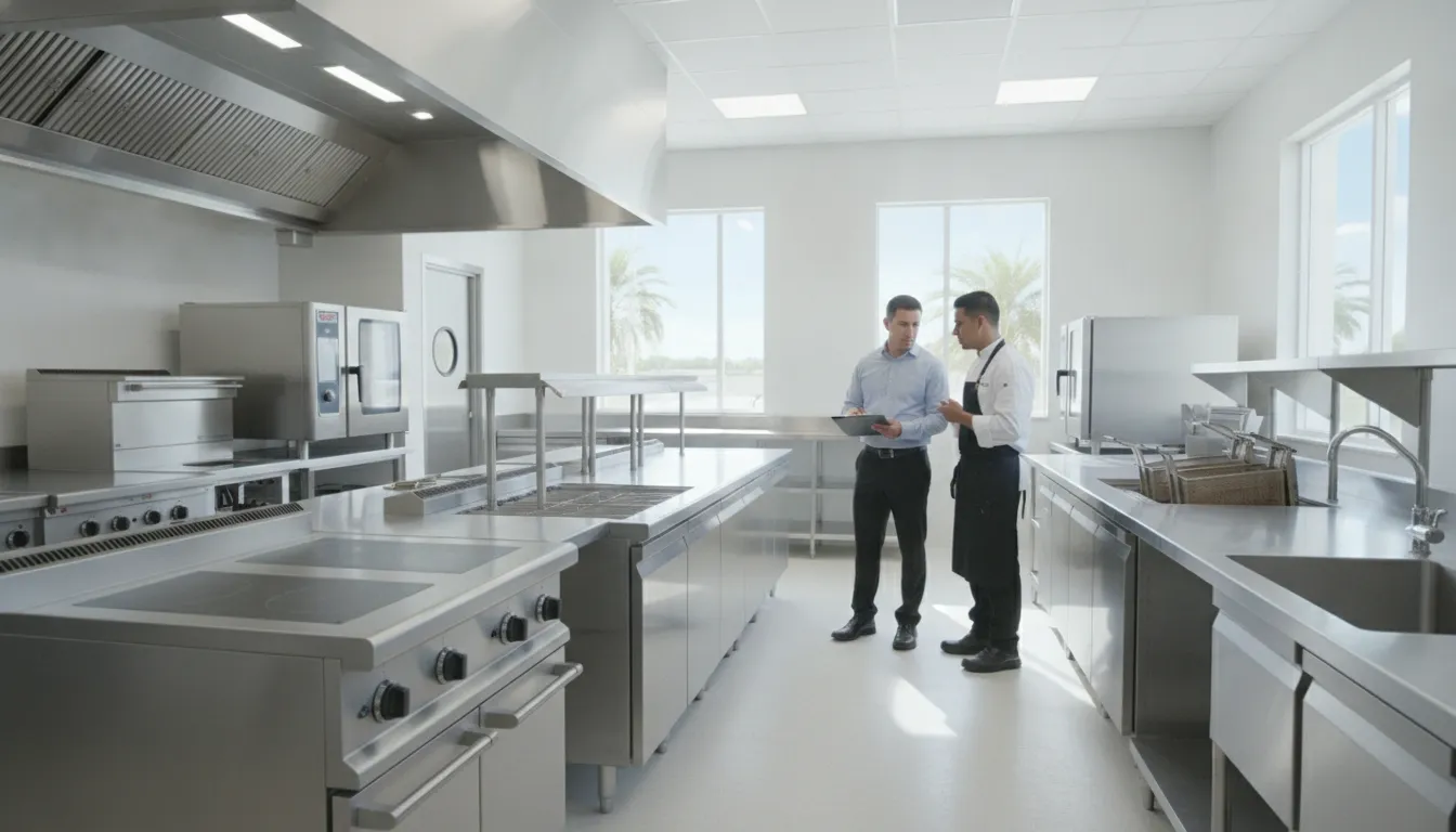 Inspector reviewing equipment and approved plans in a Florida commercial restaurant kitchen