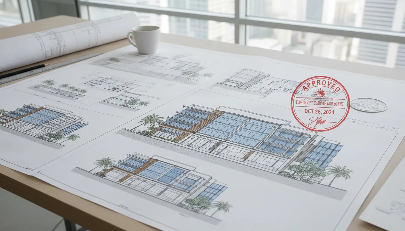 Approved commercial building permit stamp on construction plans in Florida