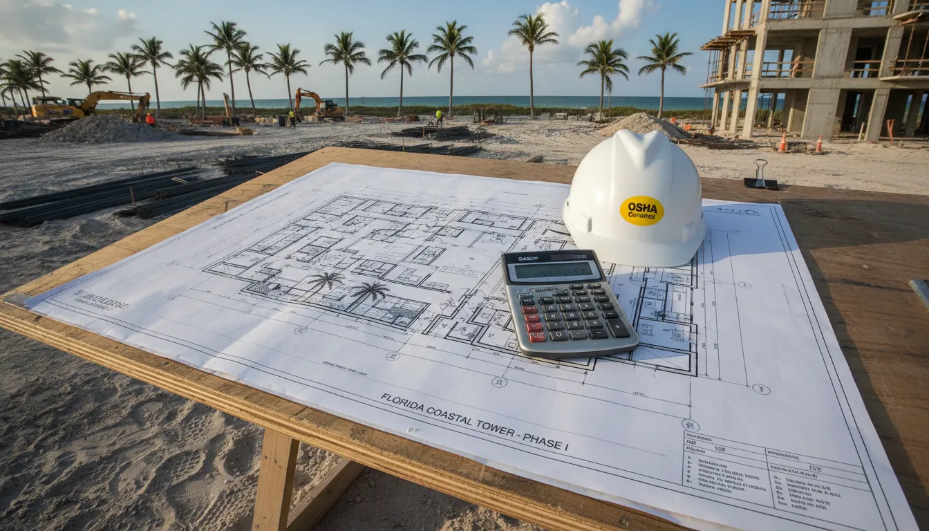 Architectural blueprint and hard hat on a home construction site in Florida