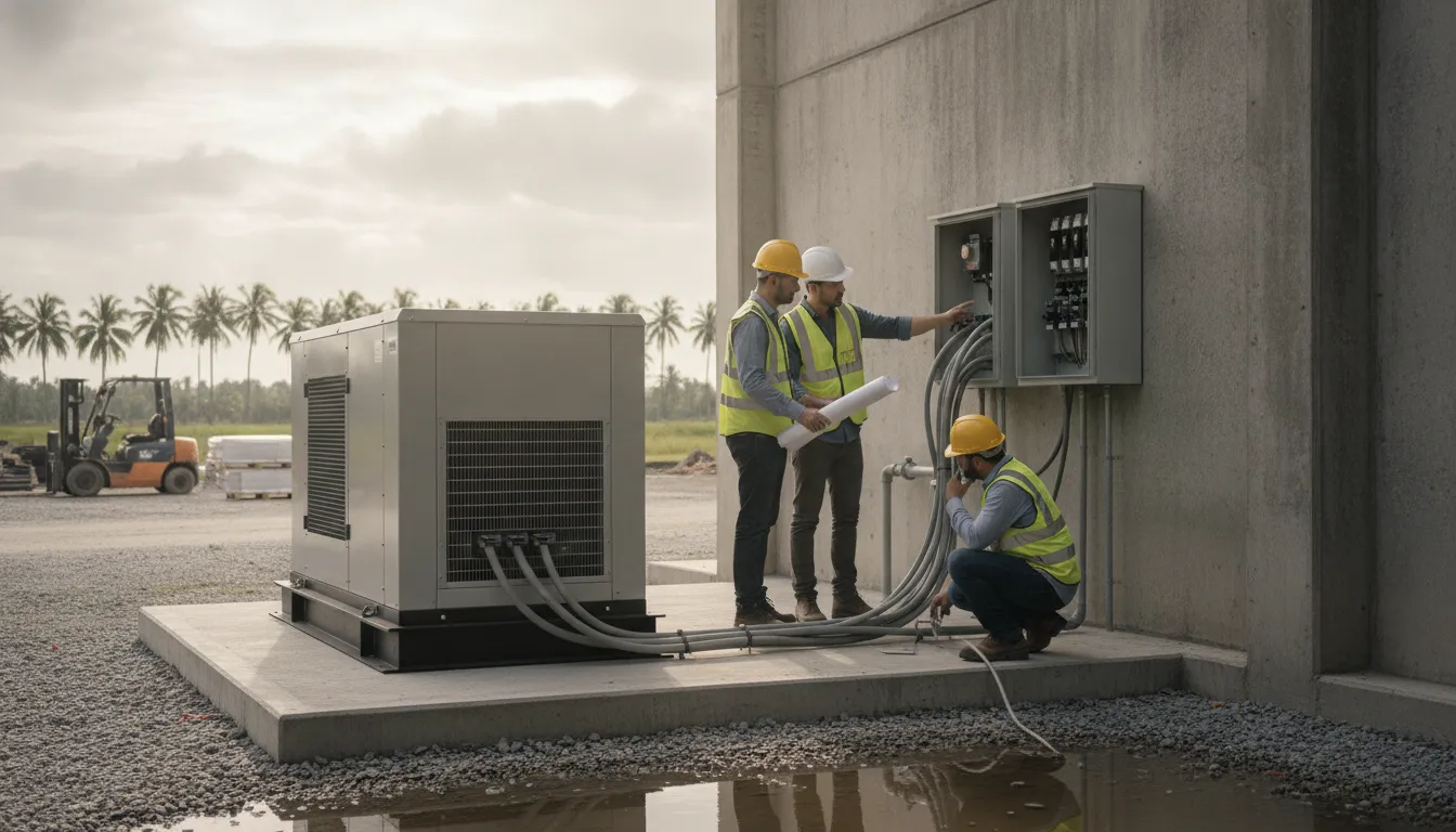 Commercial generator on a concrete pad being inspected for Florida permit requirements