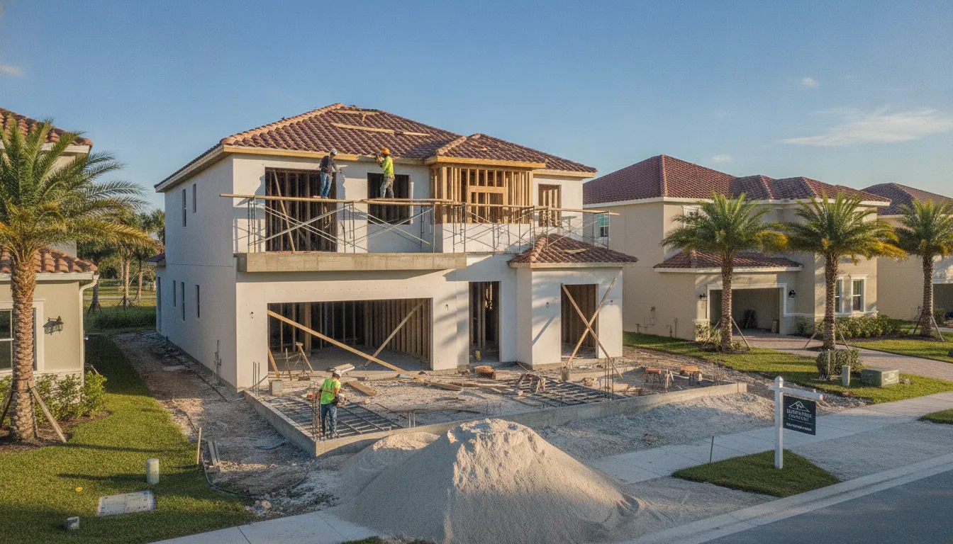 Residential house construction site under sunny skies in Florida
