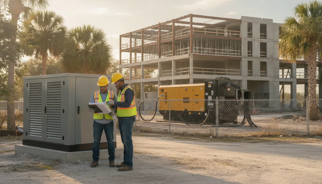 Contractors reviewing permit plans for Florida commercial generator permit requirements at a jobsite