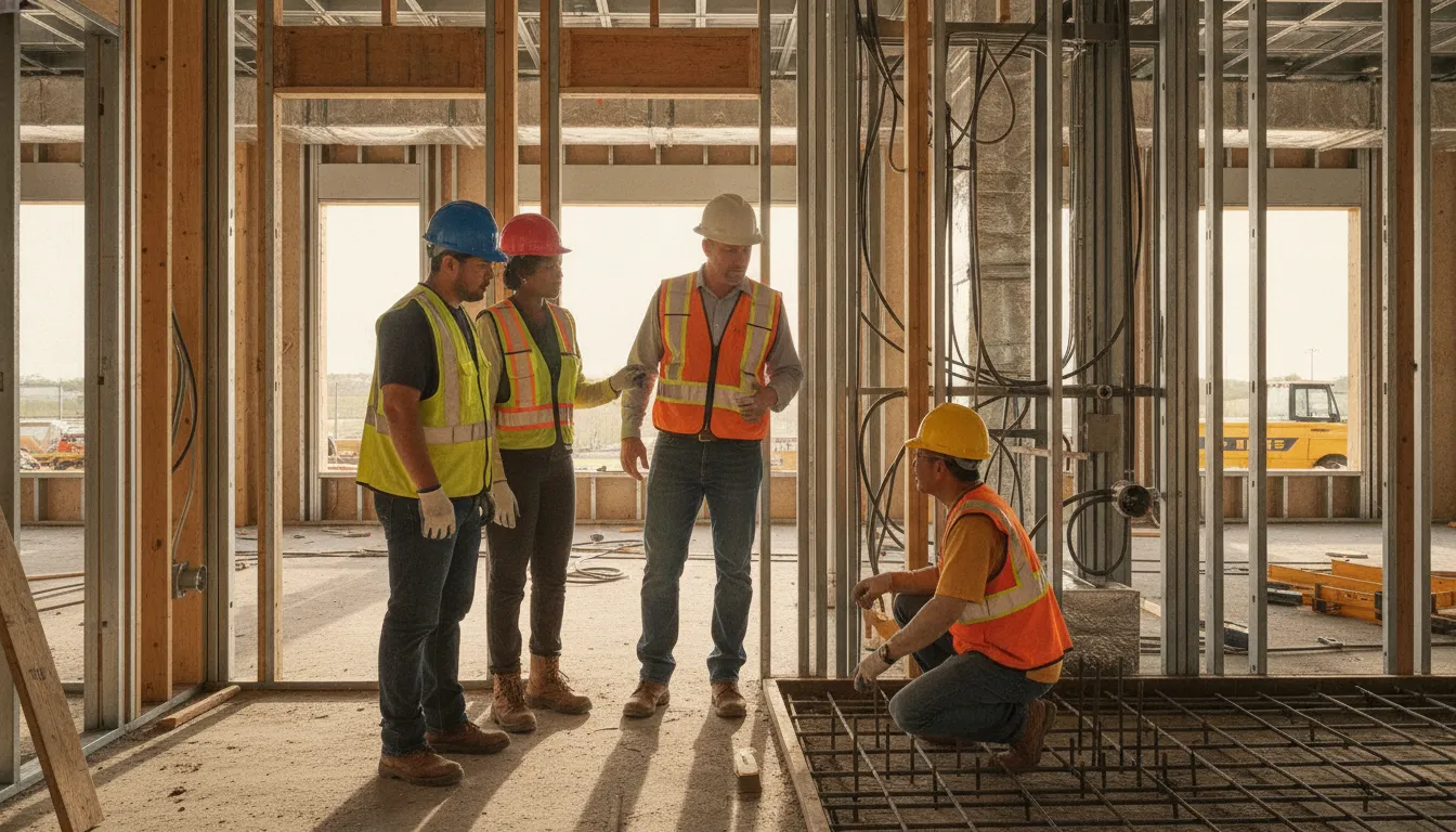 Superintendent and trade foremen reviewing exposed work during a Florida building inspection checklist walk