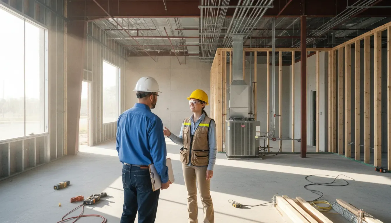 Commercial contractor and inspector reviewing construction work during a Marion County inspection