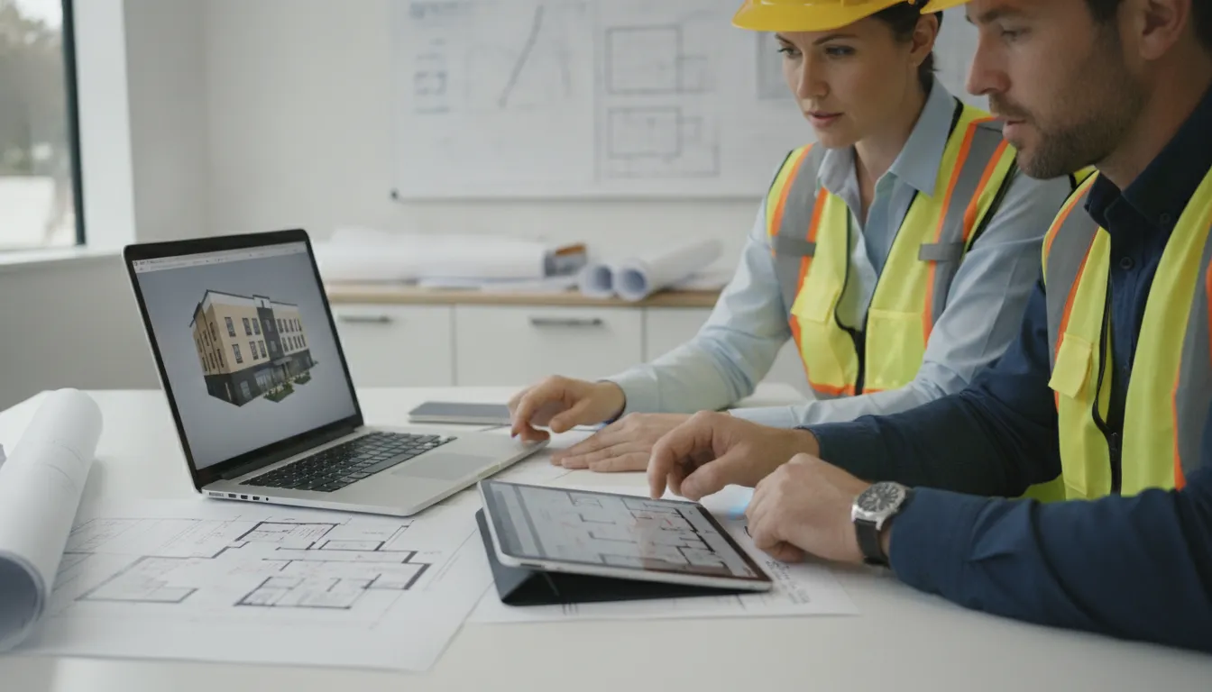 Construction manager and architect reviewing digital commercial building plans