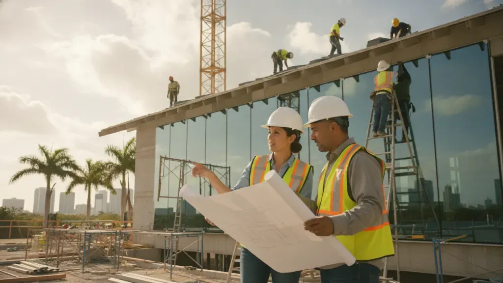 Commercial construction team coordinating a Miami-Dade building-envelope assembly