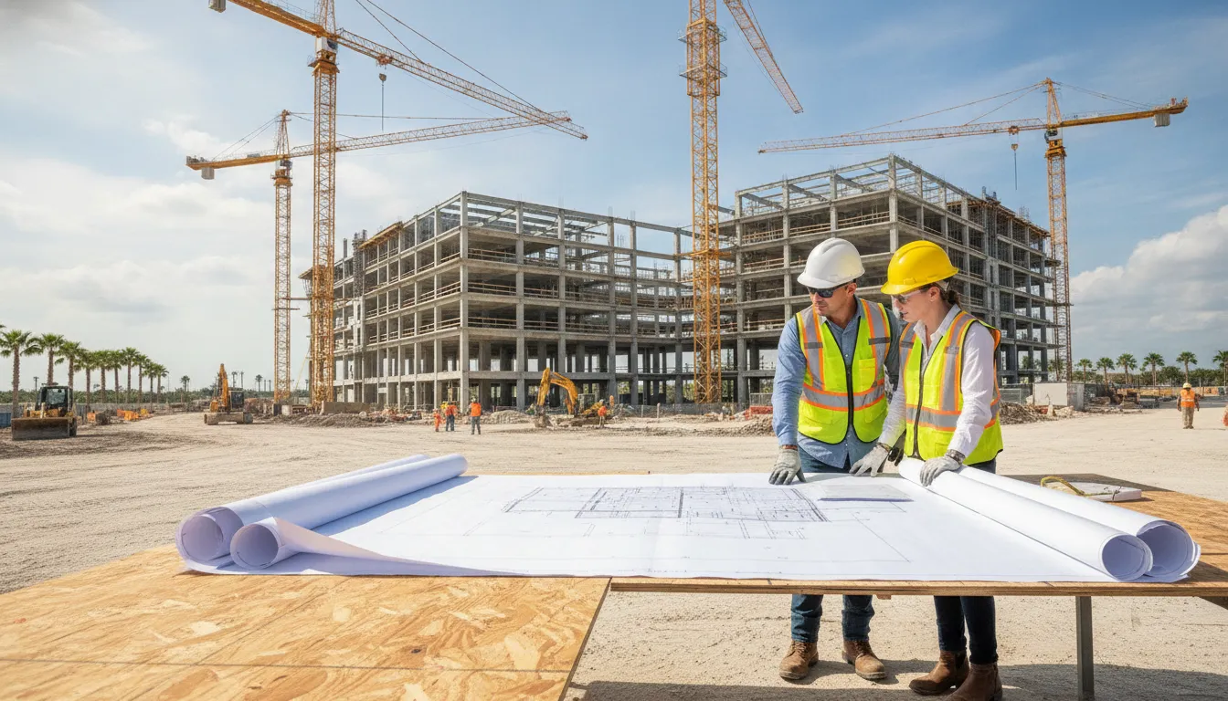 Florida commercial construction team reviewing a permit timeline