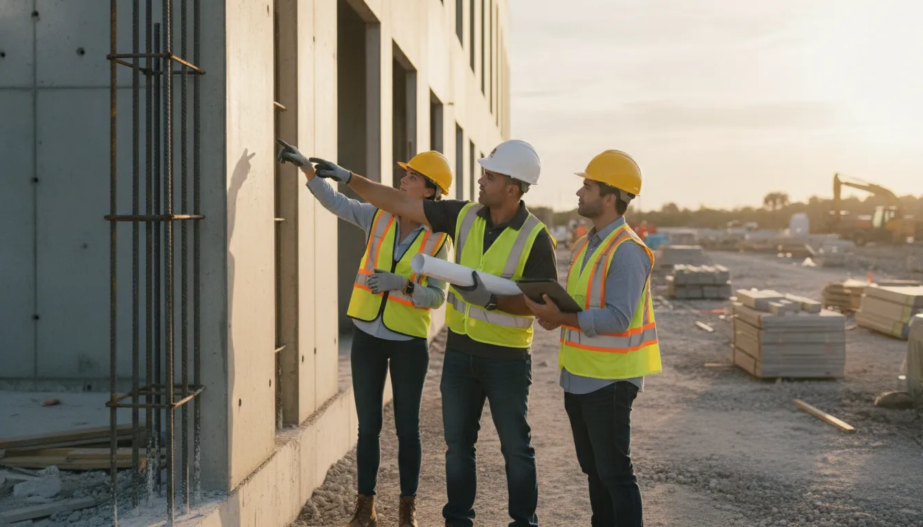 Commercial project team coordinating construction review and inspection sequencing