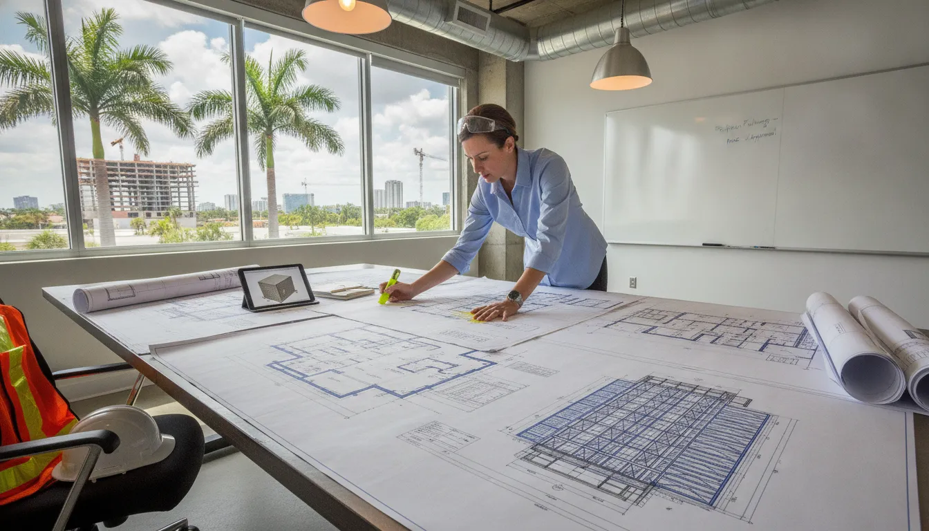 Engineer reviewing structural building plans and blueprints at a desk in a Florida commercial construction office
