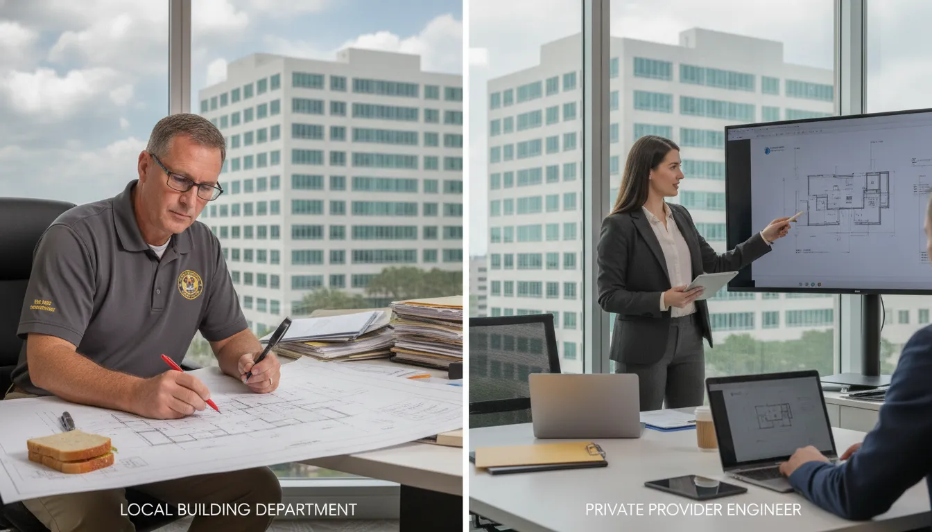 Side-by-side comparison of a local building department office and a private provider engineering firm in Florida