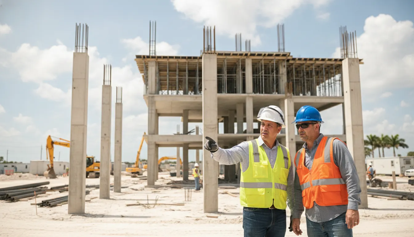 Special inspector reviewing reinforced concrete and steel at a commercial construction site