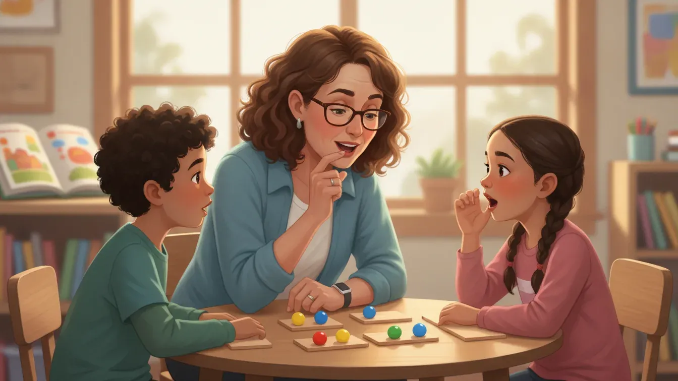 Teacher guiding multilingual learners through a phonics sound-mapping routine