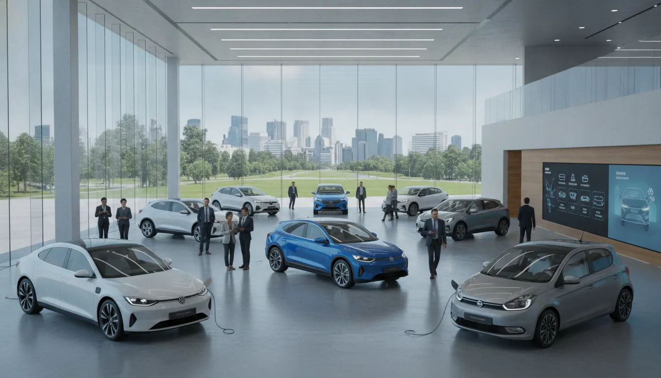 EV tax credit cars for sale in a showroom with shoppers comparing vehicles.
