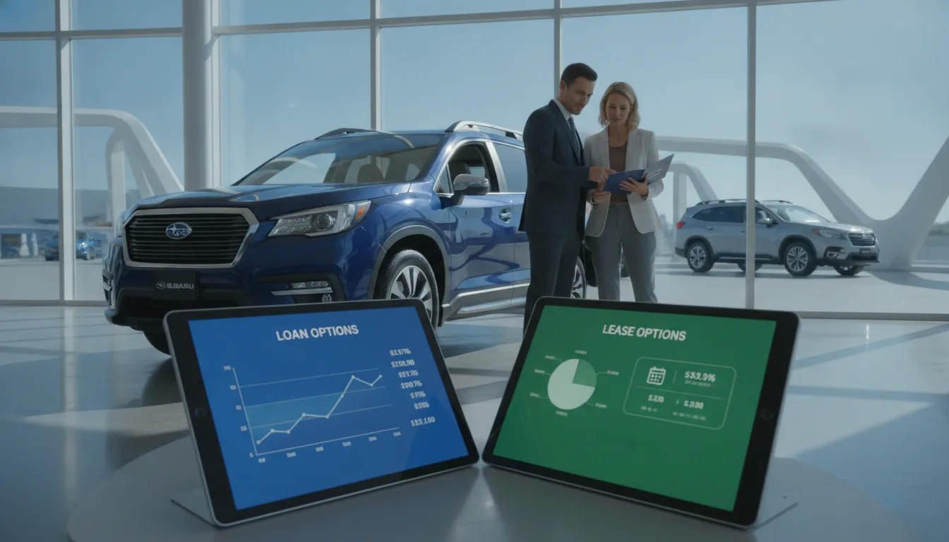 New Subaru SUV with loan and lease financing options displayed on tablets at a dealership.