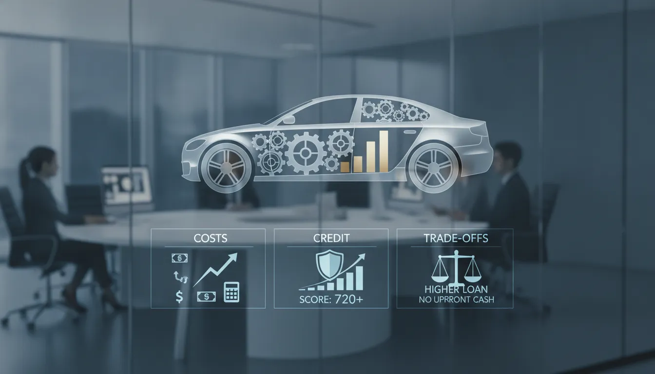 Infographic about no-down-payment car loans, credit requirements, costs, and trade-offs.