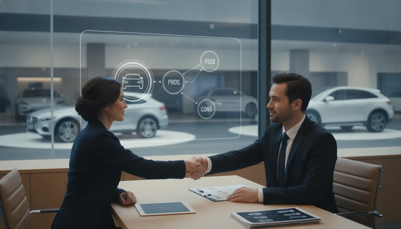 Customer and car broker shaking hands at a car dealership.