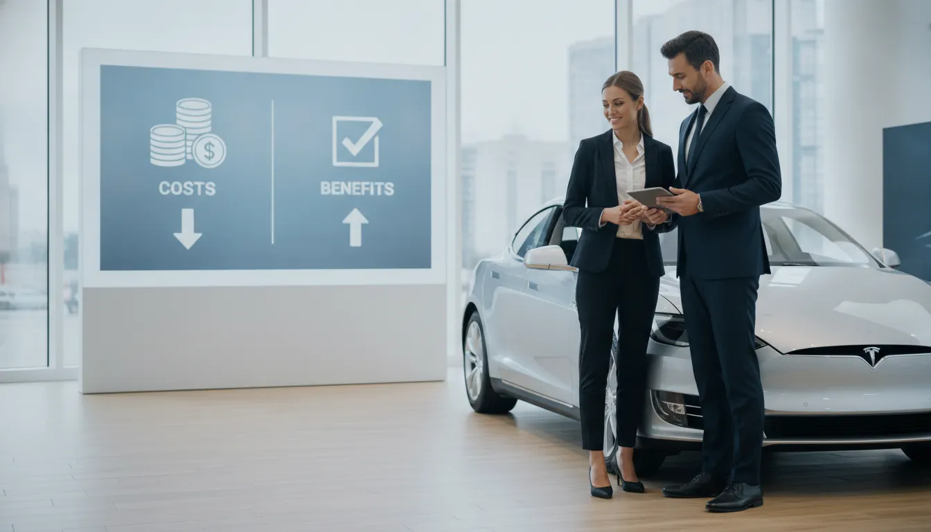 Business professionals discussing personal car shopper costs and benefits beside a Tesla.