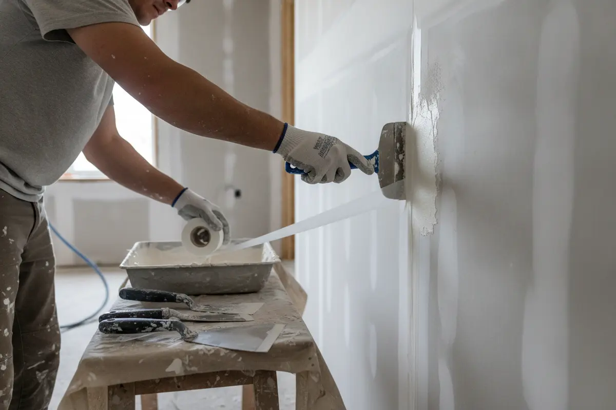 A drywall finisher embeds paper joint tape in a thin coat of joint compound along a wall seam