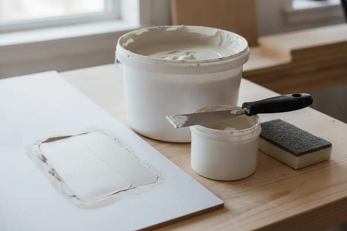 Joint compound and spackle beside a knife and a drywall sample for comparing repair materials