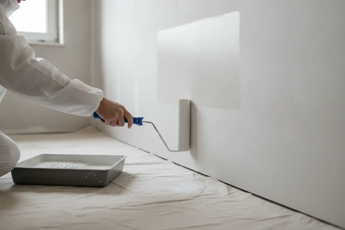 Painter applying an even coat of primer to newly finished drywall