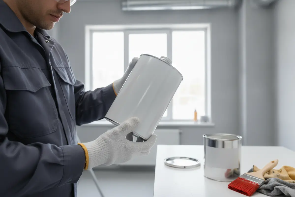 Painter wearing gloves and eye protection while reviewing solvent instructions in a ventilated work area