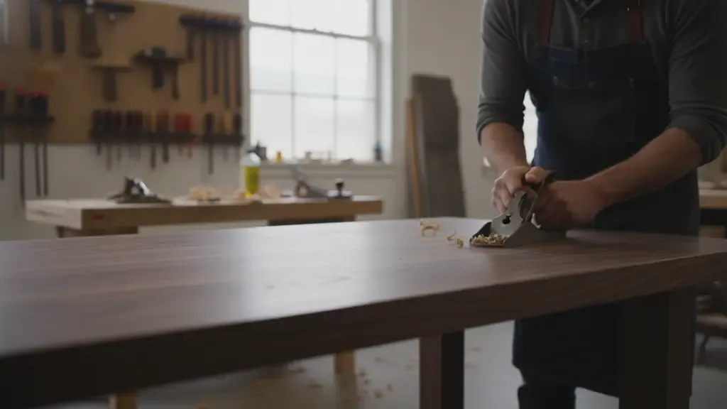 North American artisan hand-finishing a custom wood dining table in a furniture workshop