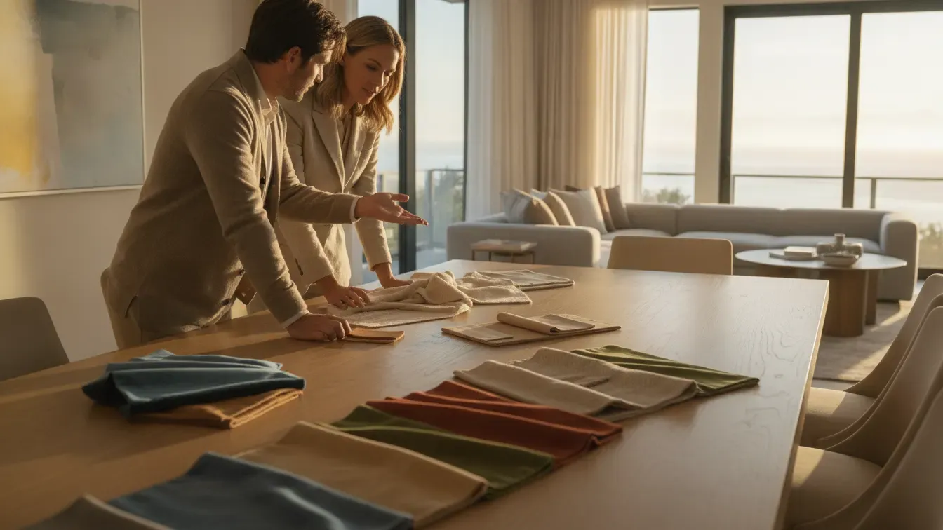 Interior design consultation with fabric and finish samples in a San Diego home