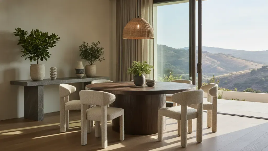 Modern mountain dining area with a wood table, natural textiles, stone console, and hillside view