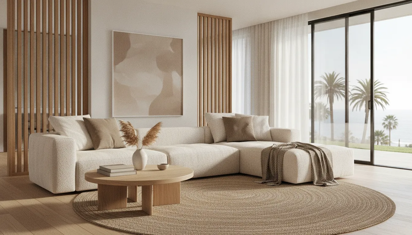 Neutral contemporary sofa in a bright coastal living room