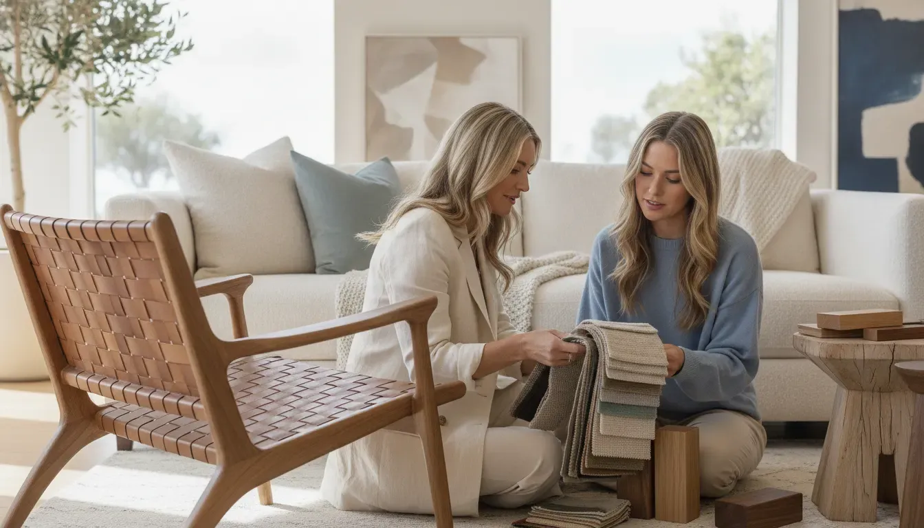 Interior designer and homeowner reviewing upholstery and wood samples together