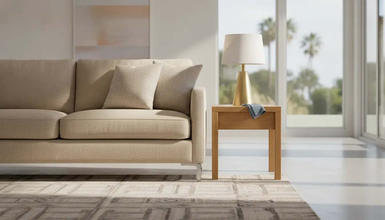 Layered neutral fabrics and wood in a transitional interior