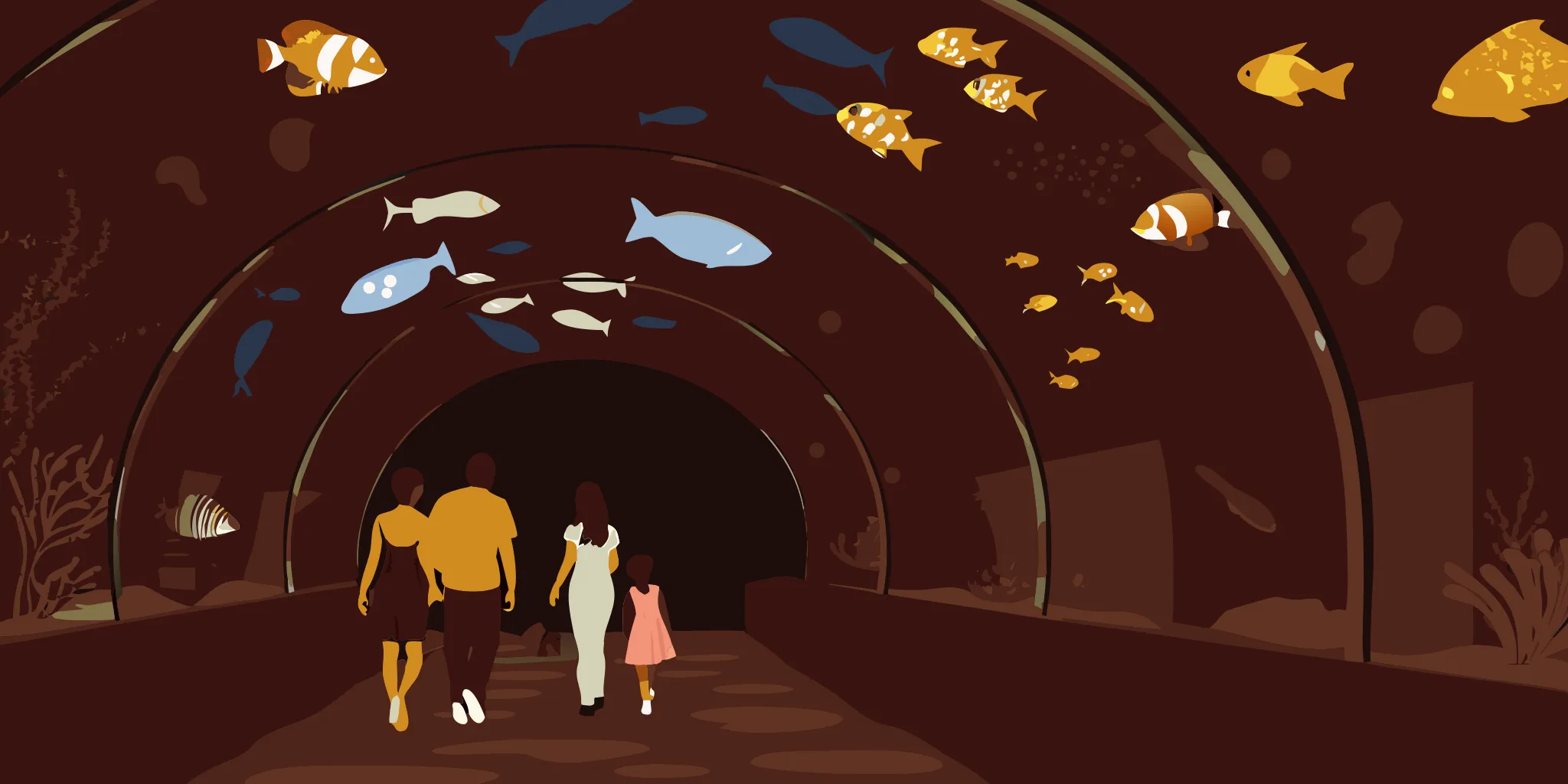 Families viewing aquarium exhibits near integrated advertising placements