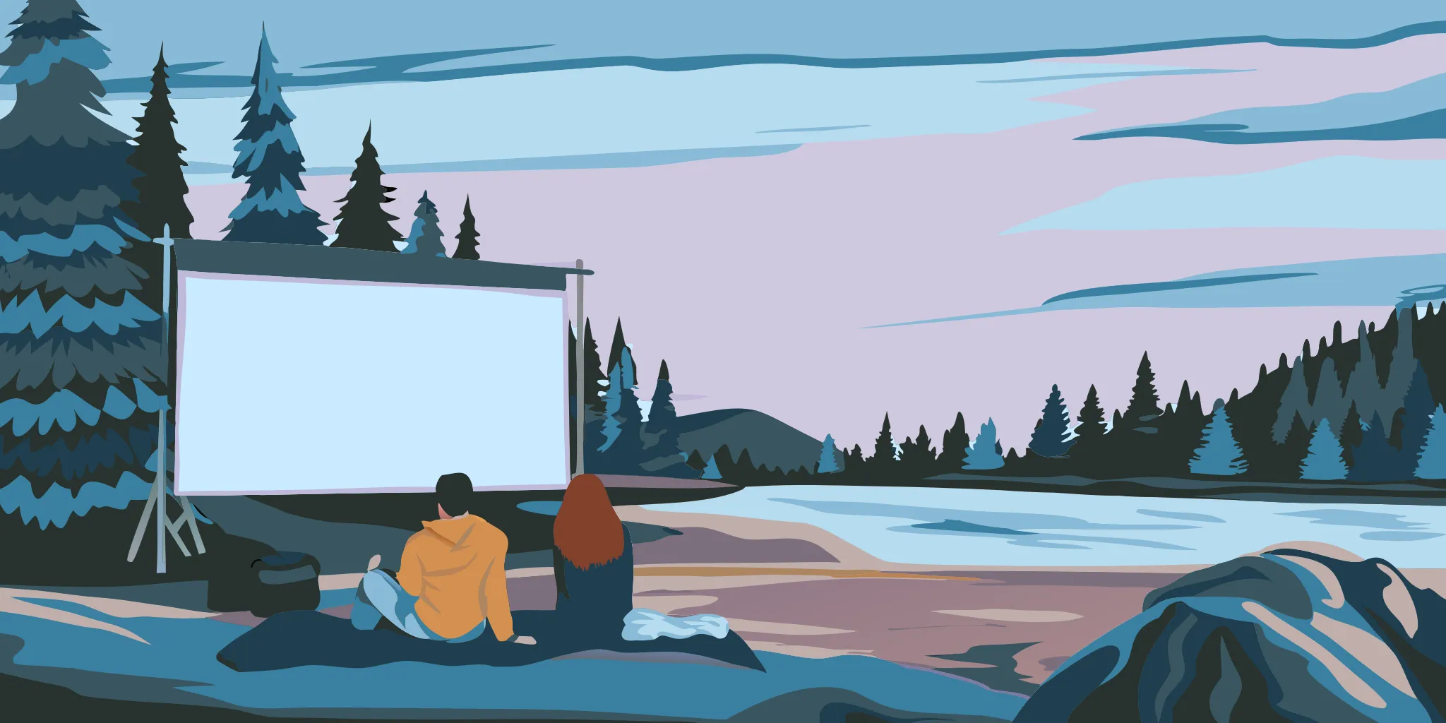 Outdoor travelers near a campground place-based media display