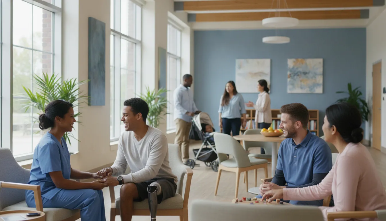 People gathering in a hospital community space for place-based hospital advertising planning