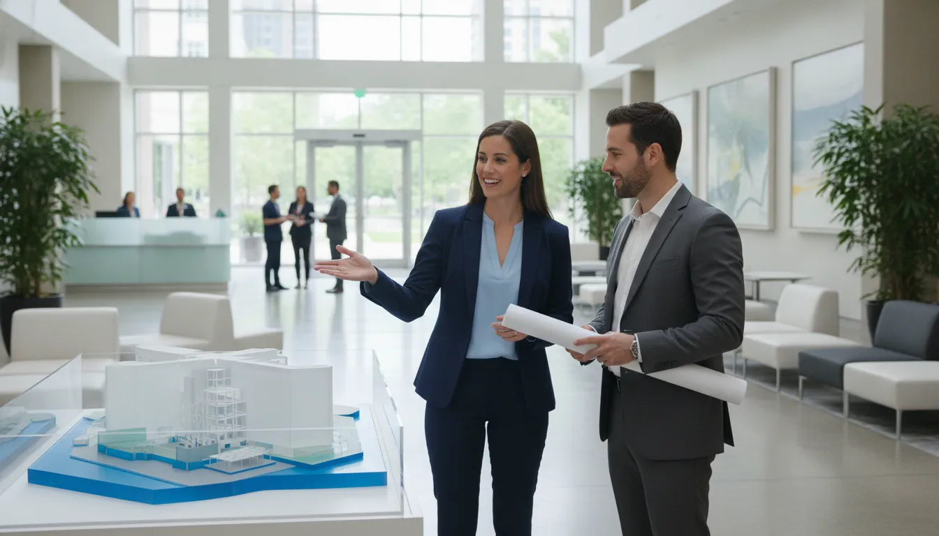 Healthcare marketing strategist and media buyer discussing hospital advertising execution in a hospital lobby