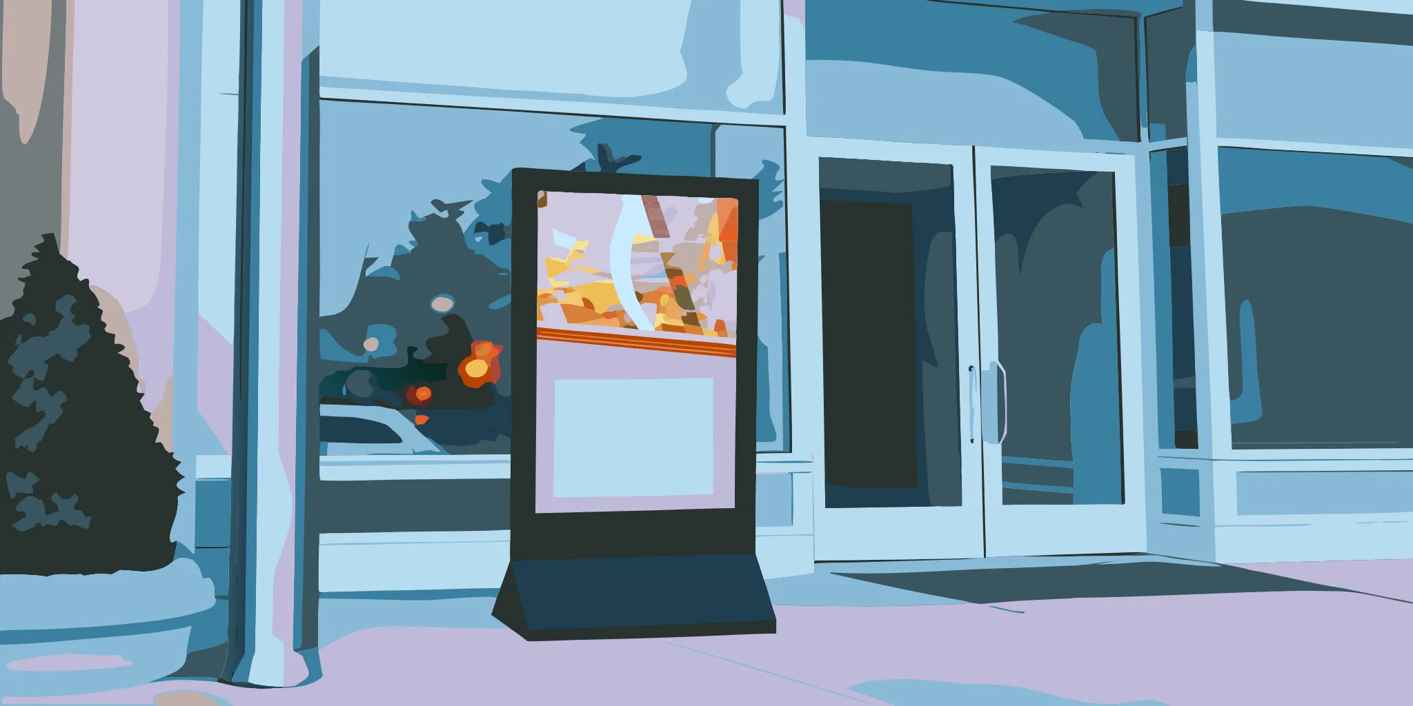 A smart digital boardwalk display showing a vibrant advertisement outside a cafe