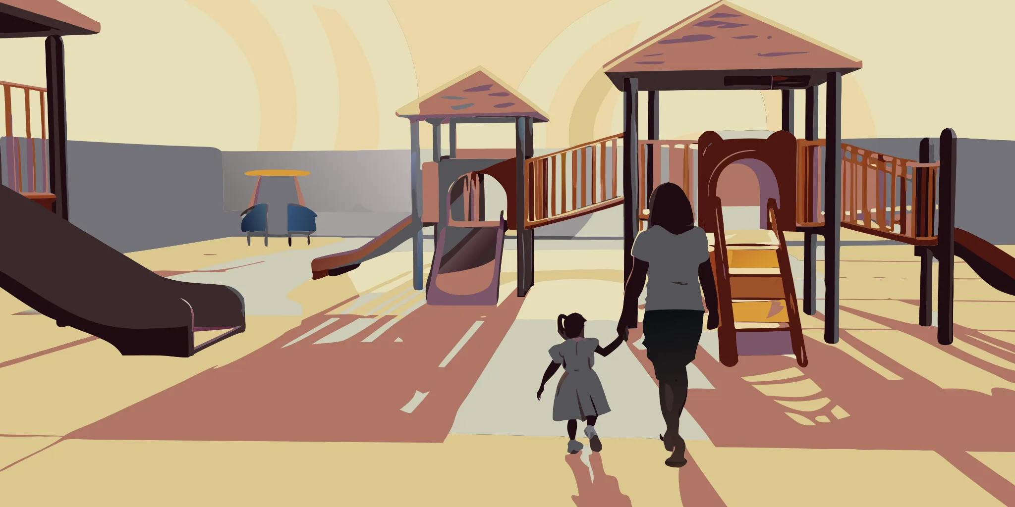 Daycare playground scene with parent and child, representing family-friendly advertising environments