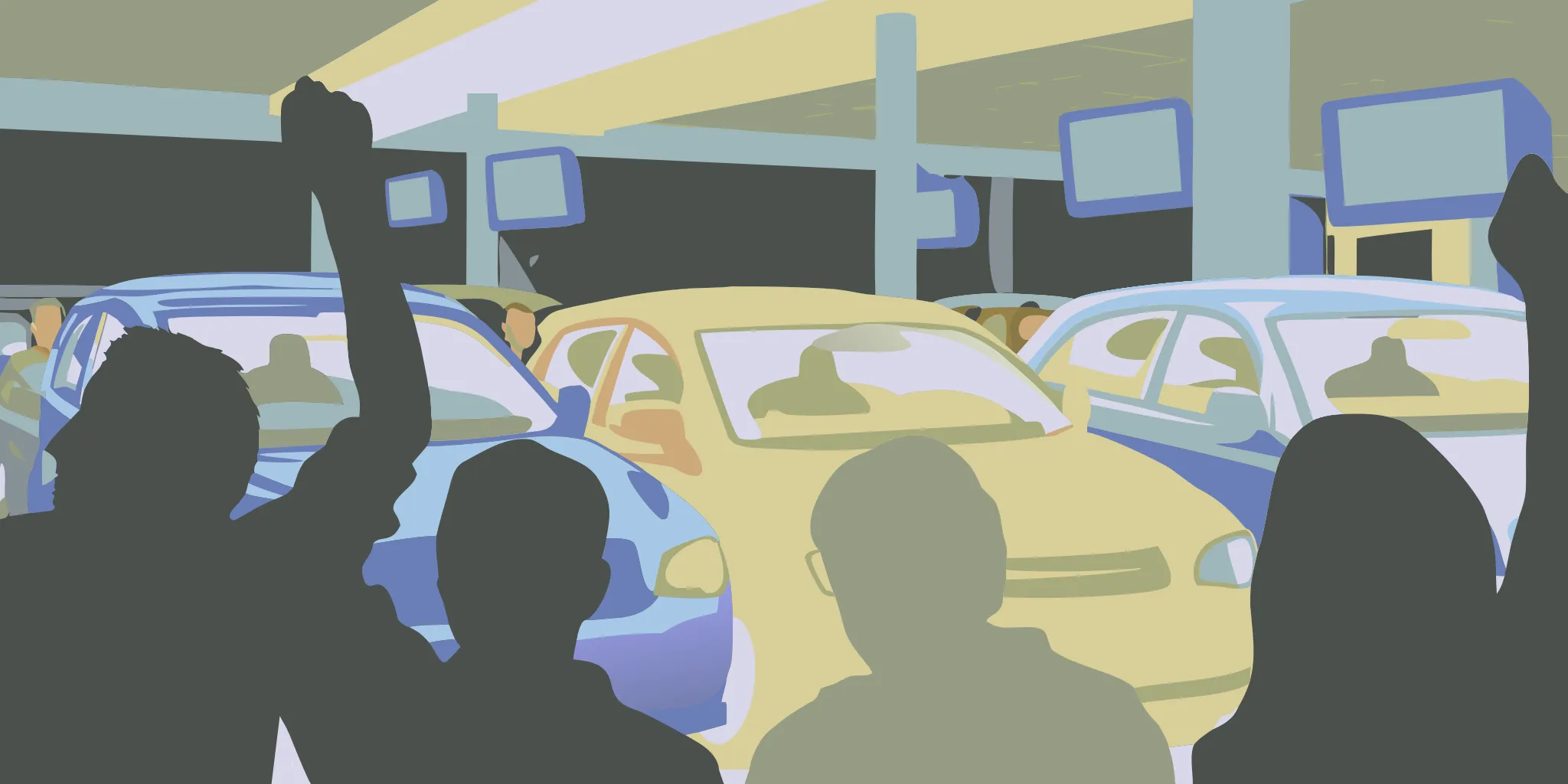 Car dealership showroom with shoppers examining vehicles near digital advertising displays