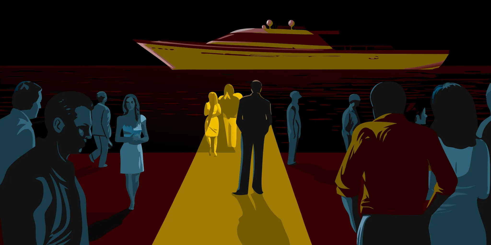 Boaters and marina visitors walking along a sunlit dock past advertising displays, with luxury yachts in the background